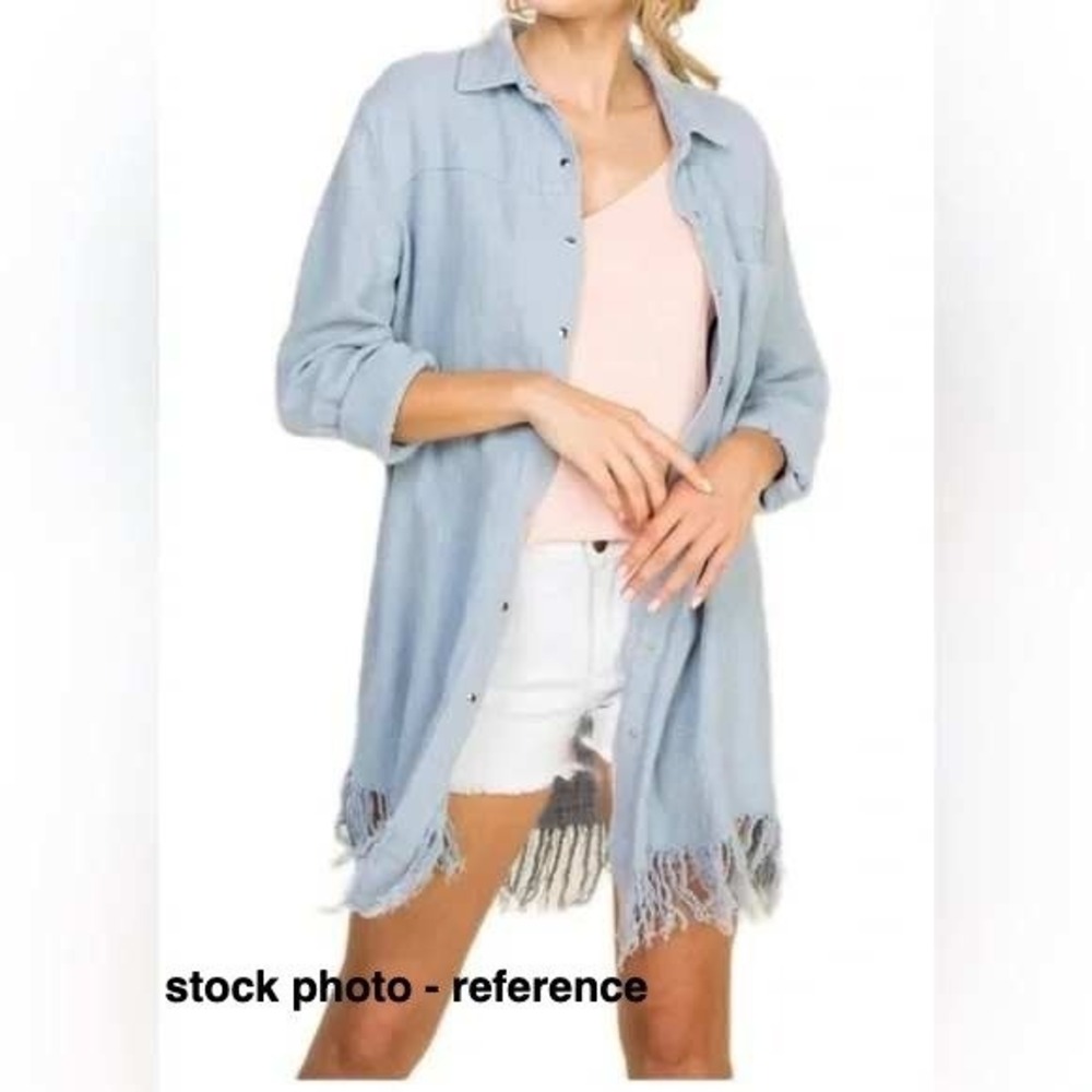 BLUE‎ B shirt dress long line layer western fringe boho chic cowgirl linen Small